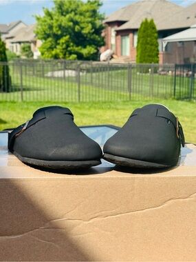Classic Black Slip-On Mule Loafers with Side Buckle